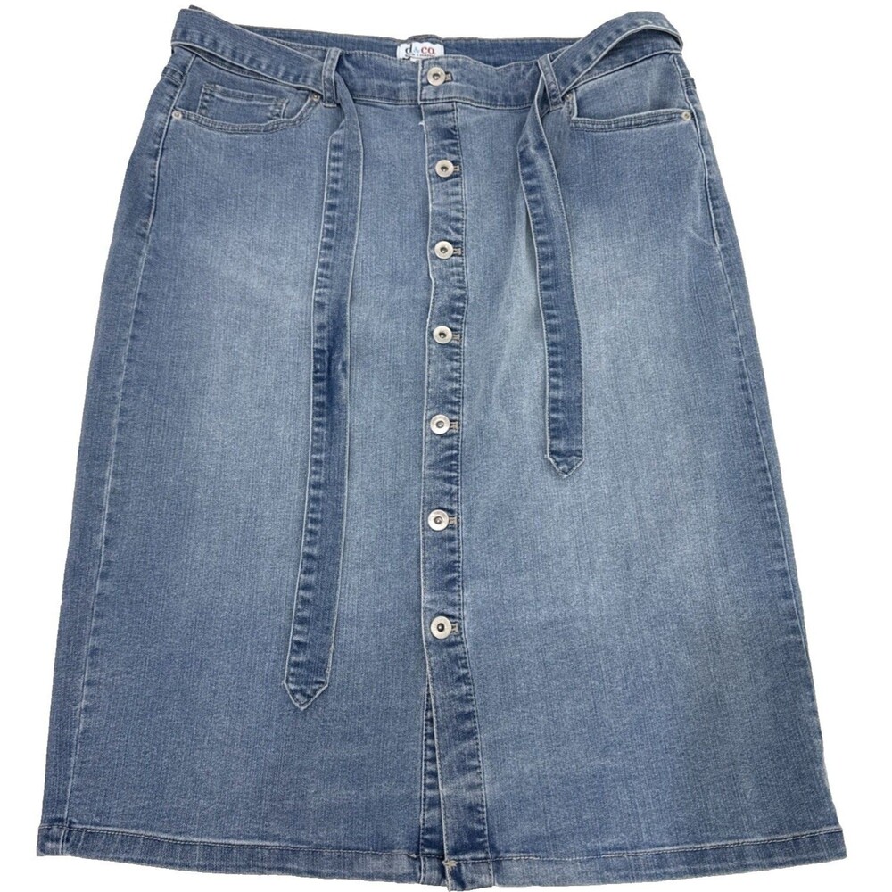 D&Co. Denim Button Down Tie Waist Pockets Medium Wash Skirt Womens Size 18 W